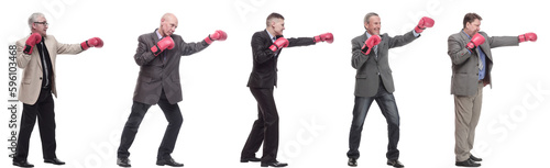 collage of businessmen in boxing gloves isolated