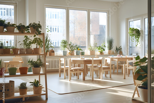 Kindergarten interior  biophilic interior design with a variety of indoor plants. Generative AI
