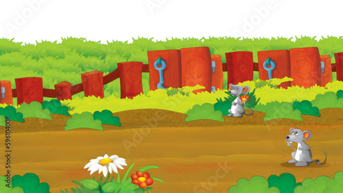 Fototapeta Naklejka Na Ścianę i Meble -  cartoon scene with mice having fun on the farm on white background - illustration for children artistic painting scene
