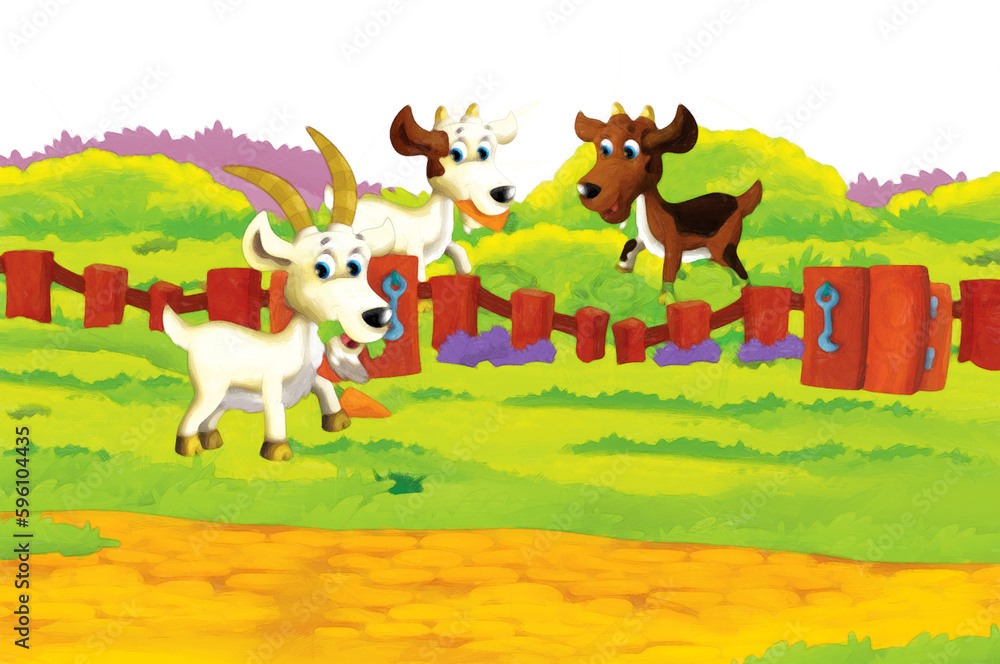 Cartoon farm scene with animal goat having fun on white background - illustration for children