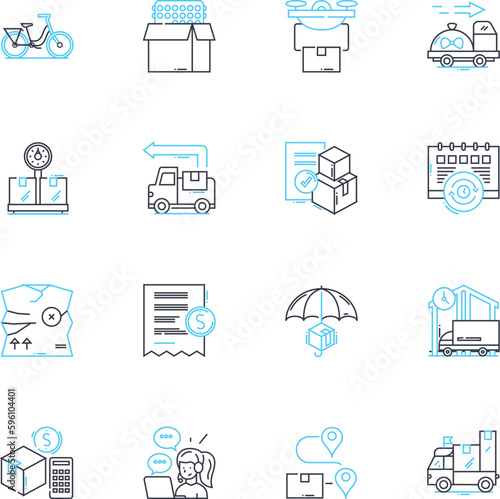 Warehouse operations linear icons set. Inventory, Loading, Unloading, Picking, Packing, Shipping, Receiving line vector and concept signs. Stacking,Organization,Safety outline illustrations