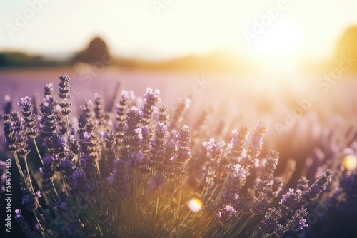 beautiful lavender field with the sun setting in the background. Generative AI