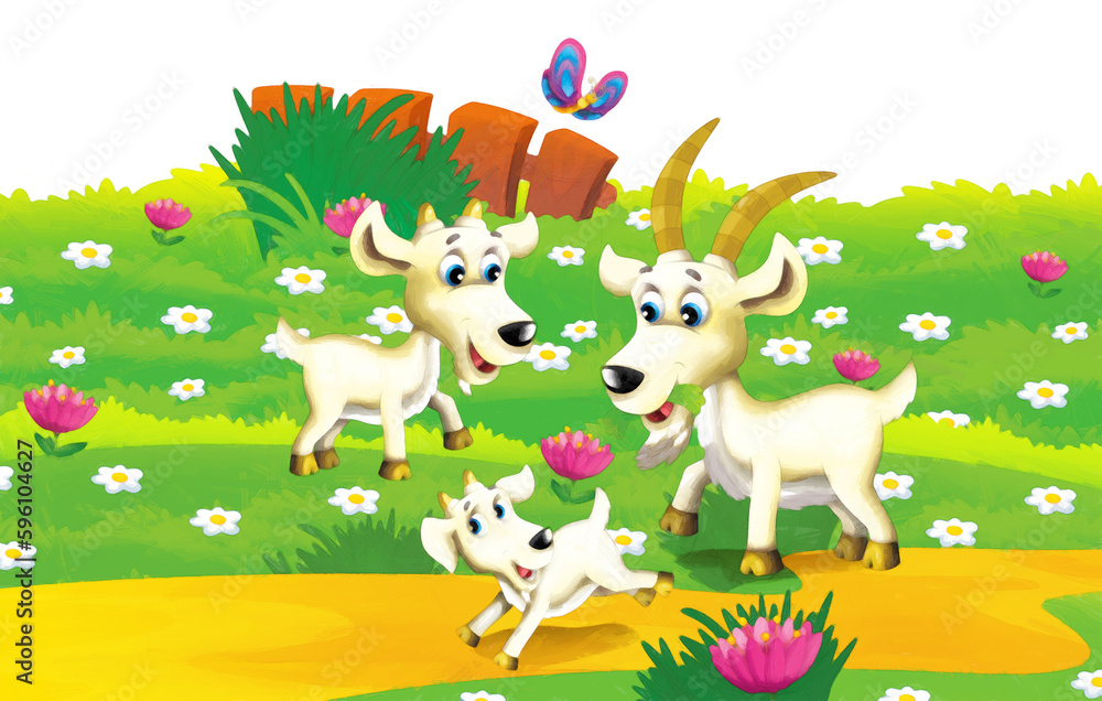 Cartoon farm scene with animal goat having fun on white background - illustration for children artistic style painting