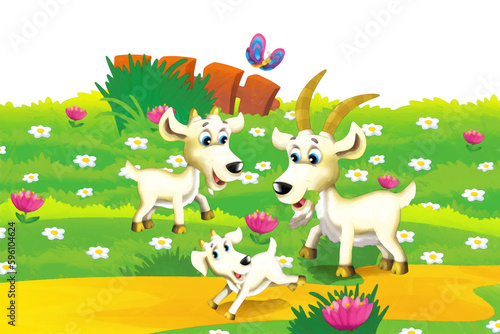 Fototapeta Naklejka Na Ścianę i Meble -  Cartoon farm scene with animal goat having fun on white background - illustration for children artistic style painting