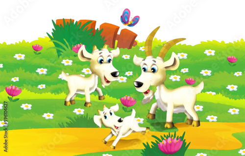 Fototapeta Naklejka Na Ścianę i Meble -  Cartoon farm scene with animal goat having fun on white background - illustration for children artistic style painting