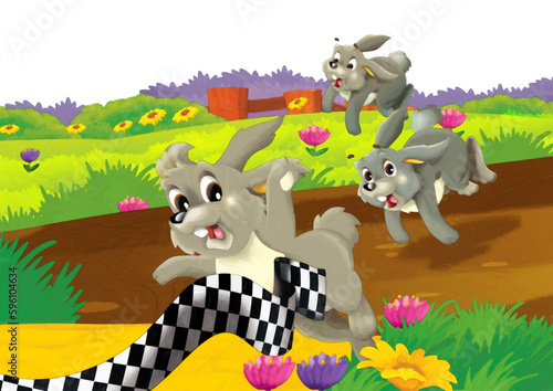 cartoon scene with rabbit on a farm having fun on white background - illustration for children artistic style painting