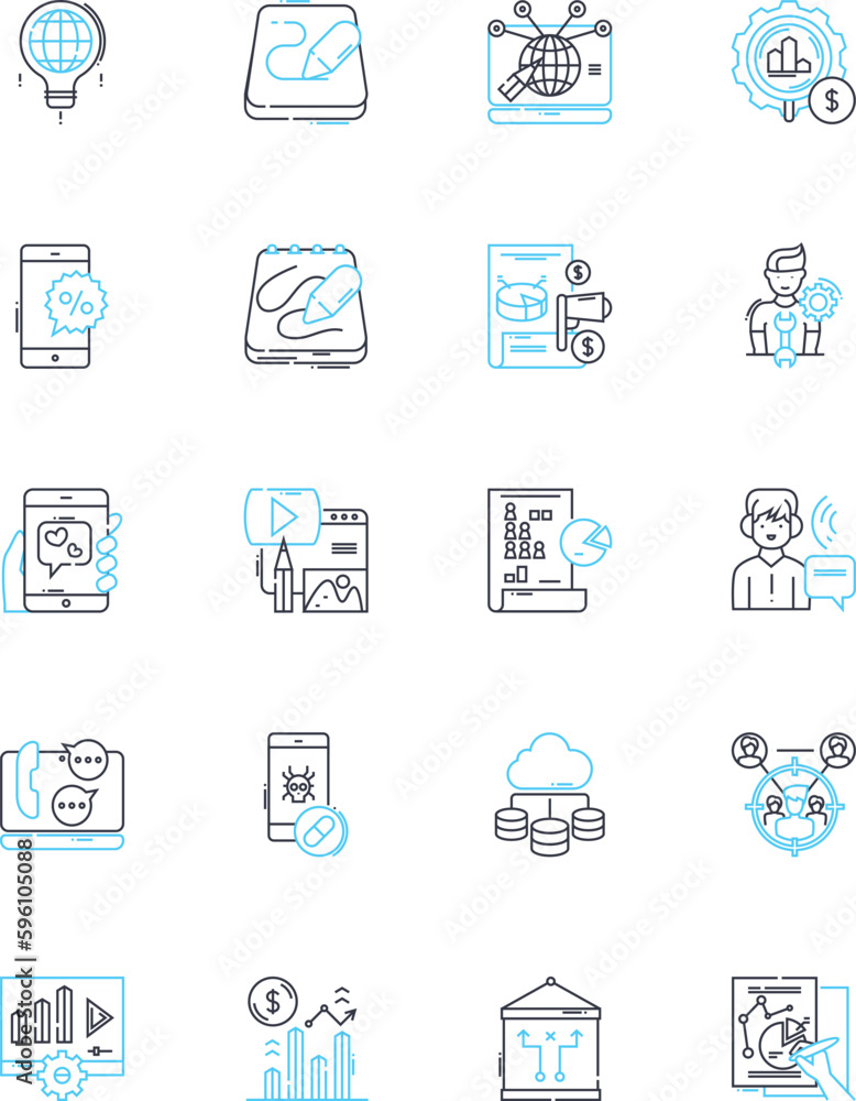 Product experience linear icons set. Satisfaction, Usability, Interaction, Navigation, Engagement, Excitement, Accessibility line vector and concept signs. Responsiveness,Clarity,Simplicity outline