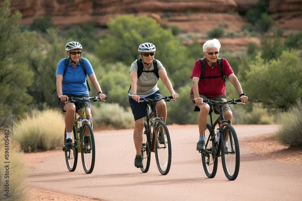 Senior friends enjoying ride in bicycle in outdoors. Generative AI