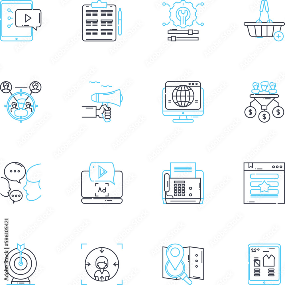 Social analytics linear icons set. Metrics, Engagement, Insights, Performance, Influencers, Sentiment, Followers line vector and concept signs. Viral,Reach,Shares outline illustrations