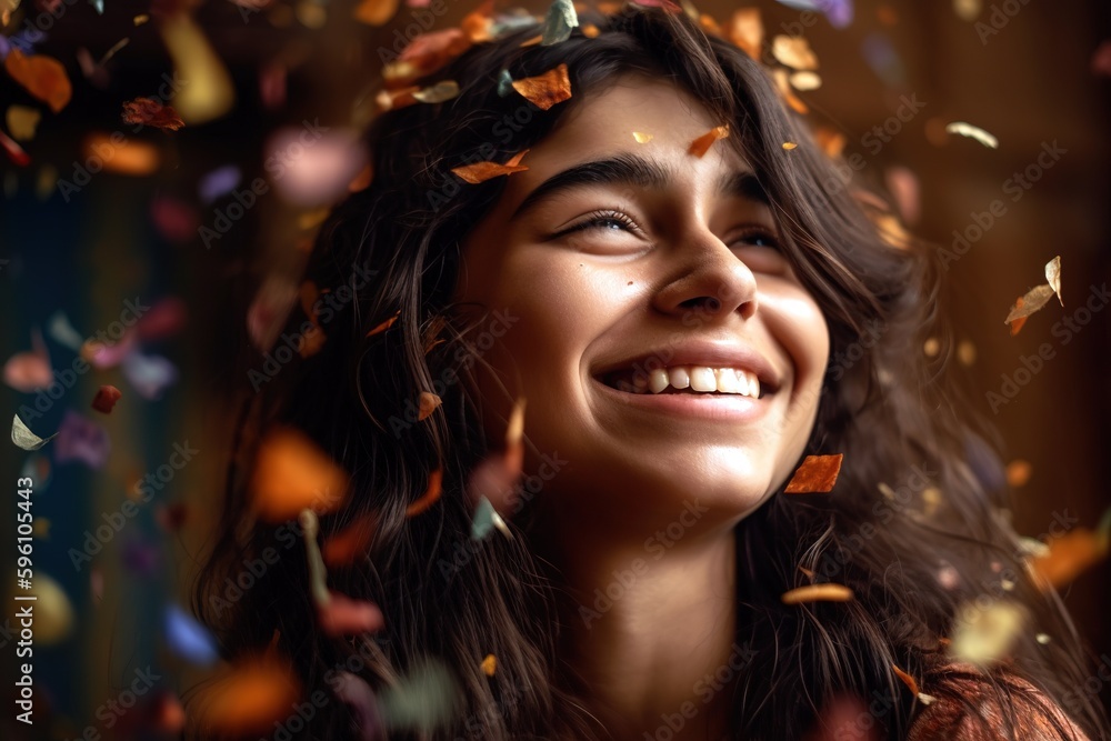 Portrait of Hispanic teen girl with colorful confetti. Head shot. Generative AI
