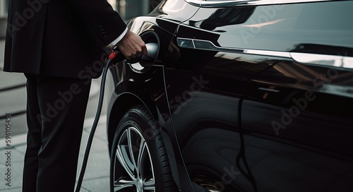Close up shot of businessman charging electric car. Generative AI © Pajaros Volando