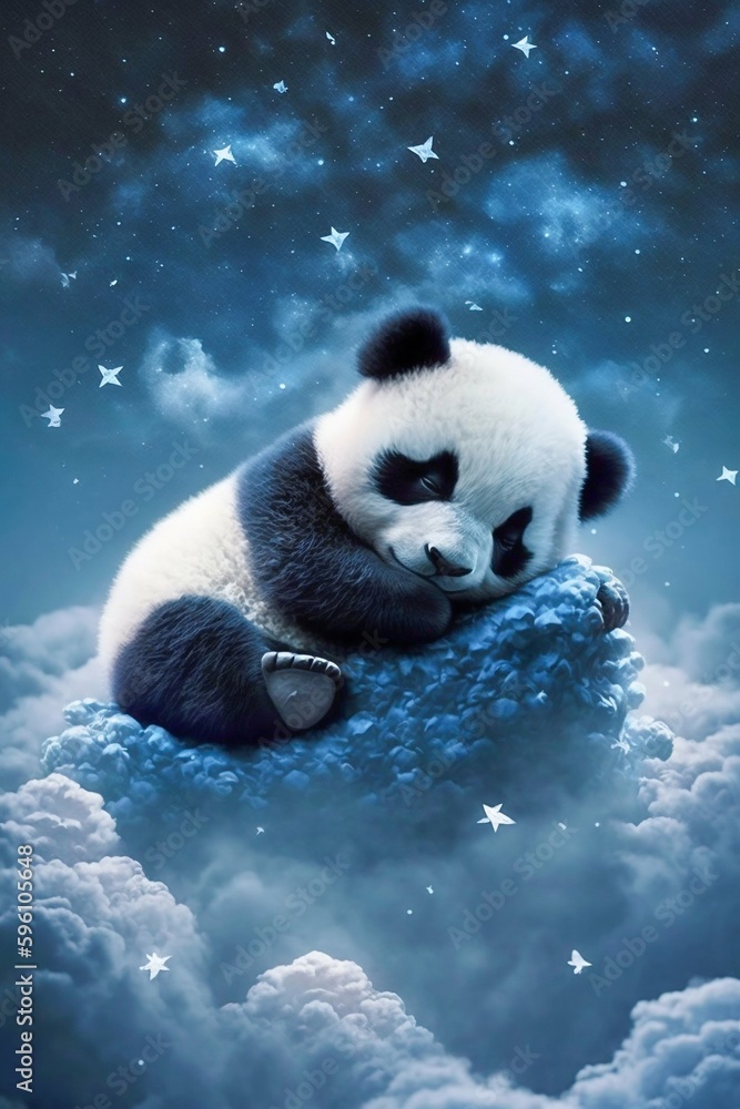 Baby Panda Sleeping on Cloud with Starry Sky Illustration. Generative ai