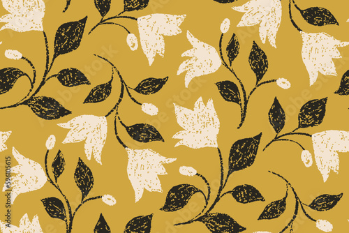 Seamless floral pattern, decorative flower print with folk motif. Vintage botanical design, simple ornament with textural flowers branches, leaves on a yellow background. Vector illustration.