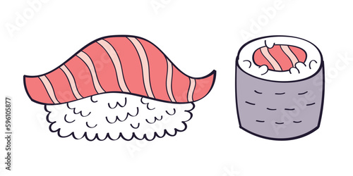 Tuna or salmon nigiri sushi and maki sushi roll set isolated cartoon doodle vector illustration