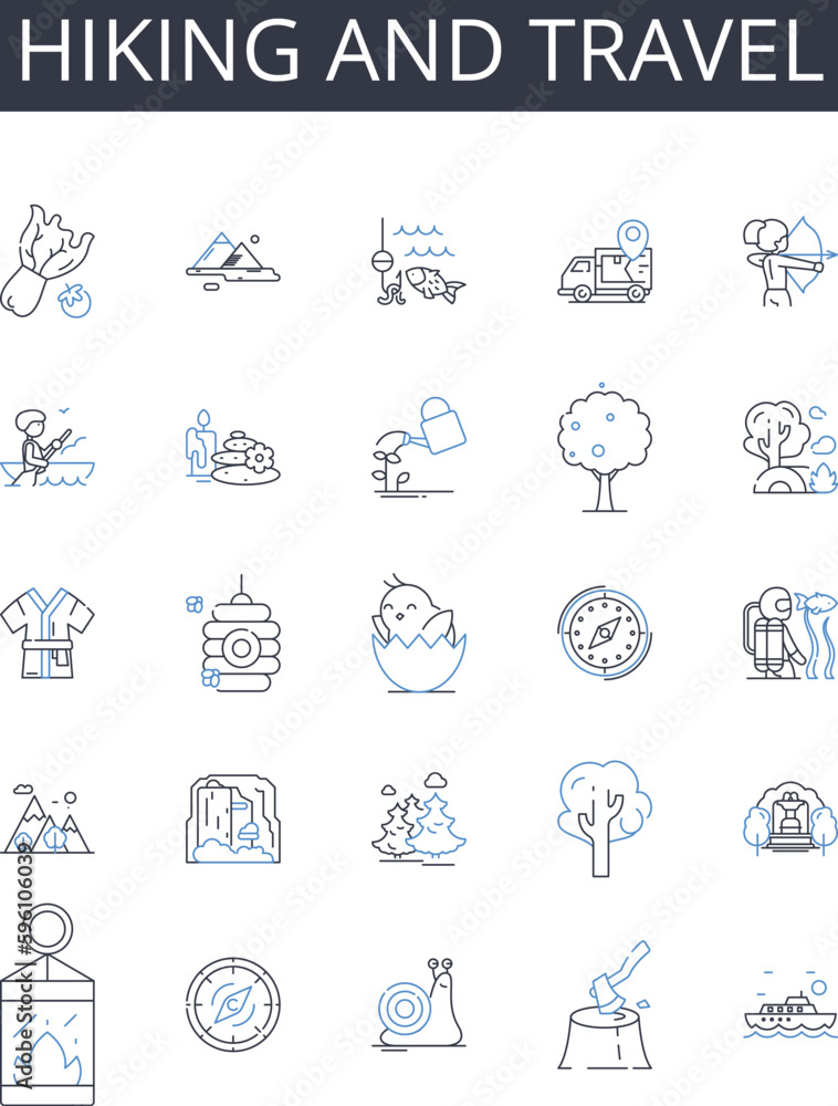Hiking and travel line icons collection. Adventure escape, Boating sailing, Camping wilderness, Climbing hiking, Cooking cuisine, Cycling biking, Dancing partying vector and linear illustration Hiking and travel line icons collection. Adventure escape, Boating sailing, Camping wilderness, Climbing hiking, Cooking cuisine, Cycling biking, Dancing partying vector and linear illustration