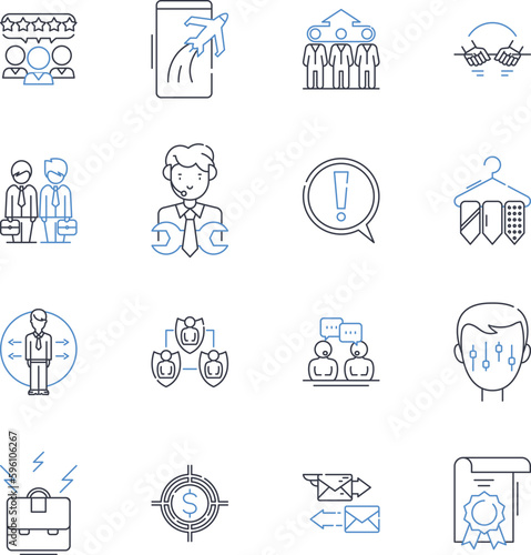 Support service line icons collection. Empathy, Assistance, Help, Responsive, Caring, Understanding, Compassionate vector and linear illustration. Reliable,Communication,Availability outline signs set