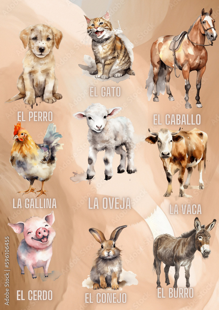 animales español, watercolour, animals
