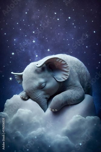 Baby Elephant Sleeping on Cloud with Starry Sky Illustration. Generative ai