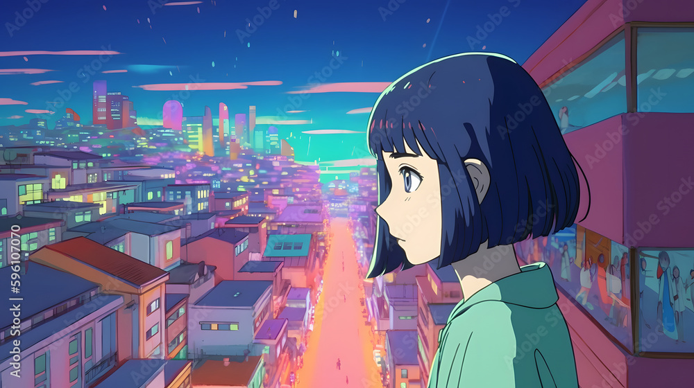 Fototapeta premium Futuristic Anime Girl in an Asian Metropolis