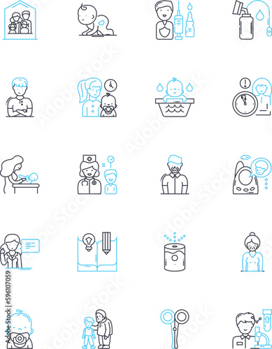 Juveniles linear icons set. Adolescents, Youth, Minors, Teenagers, Delinquents, Offenders, Troubled line vector and concept signs. Rebellious,Immature,Inexperienced outline illustrations