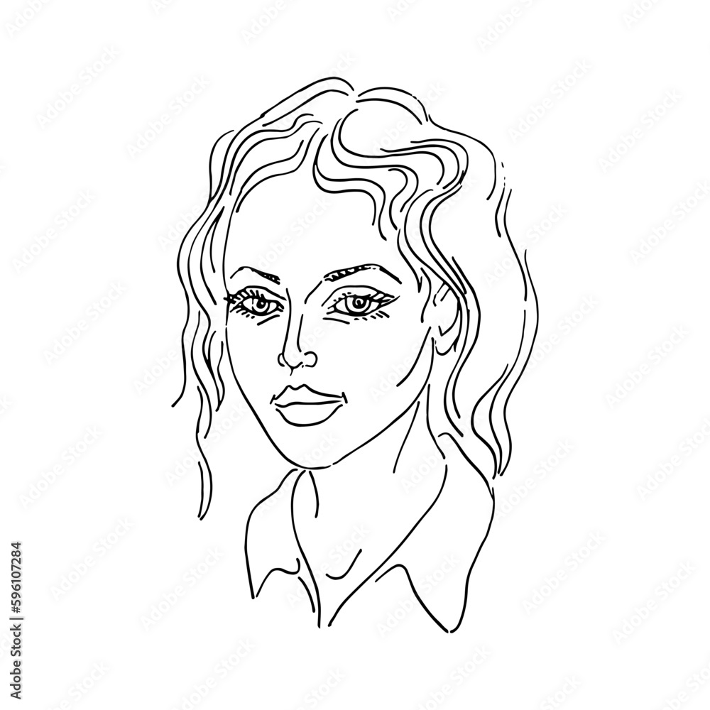 Vector face of woman. Young beautiful girl heads. Front portraits. Black line realistic sketch vintage illustration.