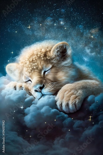 Baby Lion Sleeping on Cloud with Starry Sky Illustration. Generative ai