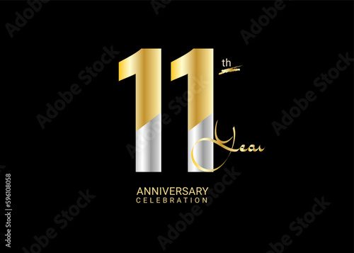 11 Years Anniversary Celebration gold and silver Vector Template, 11 number logo design, 11th Birthday Logo,  logotype Anniversary, Vector Anniversary For Celebration, poster, Invitation Card