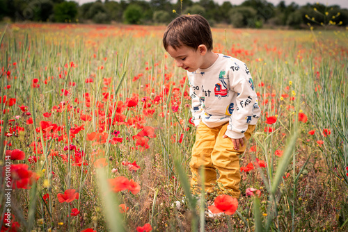 Foto Niño feliz cogiendo flores en un campo de amapolas rojas