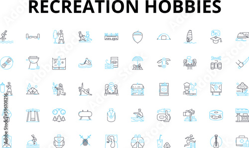 Recreation hobbies linear icons set. Gardening, Cooking, Painting, Pottery, Fishing, Biking, Hiking vector symbols and line concept signs. Camping,Boating,Photography illustration