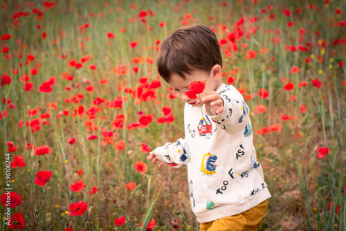 Fotografija Niño feliz cogiendo flores en un campo de amapolas rojas