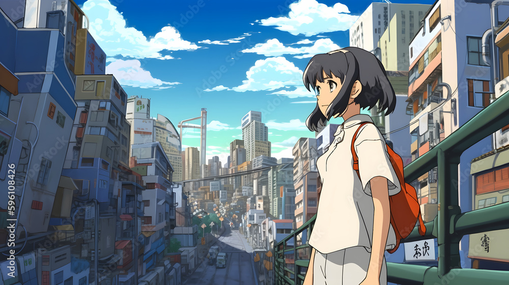 Fototapeta premium Futuristic Anime Girl in an Asian Metropolis