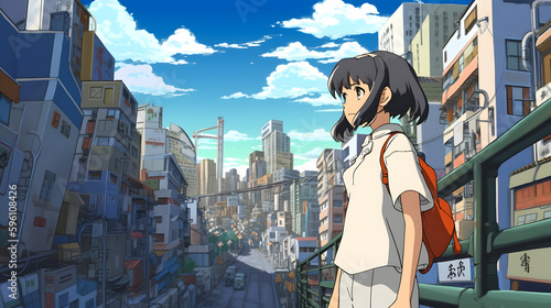 Futuristic Anime Girl in an Asian Metropolis