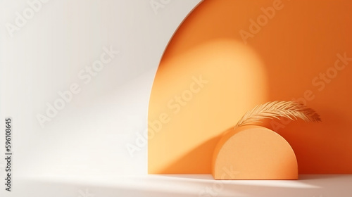 Blank orange cement curve counter podium with texture, soft beautiful dappled sunlight, leaf shadow on white wall for luxury organic cosmetic, skincare, beauty treatment product background 3D
