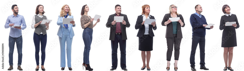 a group of people are holding a tablet and looking to the side a group of people are holding a tablet and looking to the side