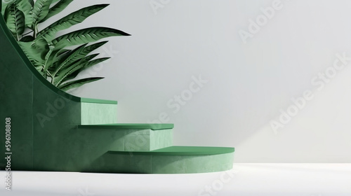 Blank green cement curve counter podium with texture, soft beautiful dappled sunlight, leaf shadow on white wall for luxury organic cosmetic, skincare, beauty treatment product background 3D