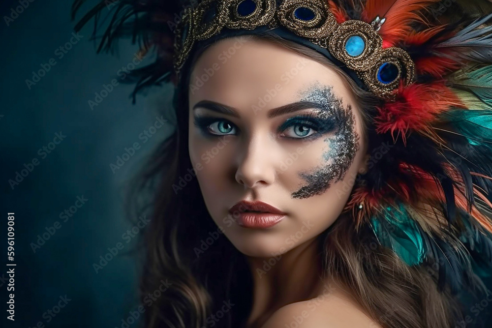 Beautiful woman with face-art and in carnival mask. Generative AI Beautiful woman with face-art and in carnival mask. Generative AI