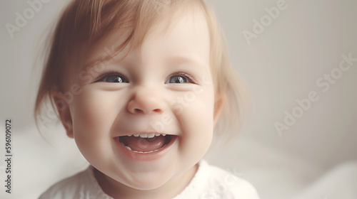 Cute sweet little baby girl laughing closeup. Generative AI