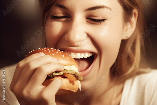 Pretty young caucasian woman biting hamburger closeup. Generative AI