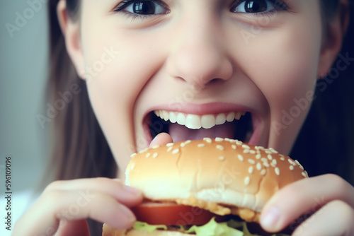 Pretty young caucasian woman biting hamburger  closeup. Generative AI