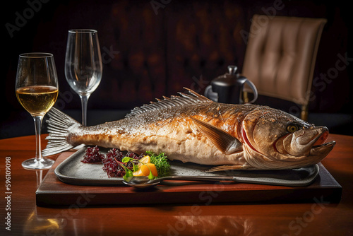Whole fish baked served on a table. Generative AI