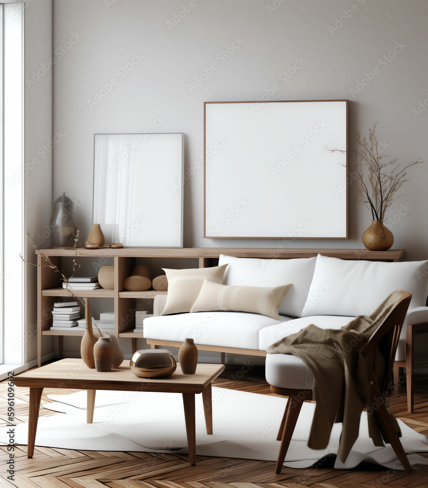 Scandinavian Style Living Room with Neutral Colors and Mockup Frames Scandinavian Style Living Room with Neutral Colors and Mockup Frames