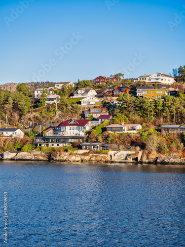 Fototapeta Naklejka Na Ścianę i Meble -  Waterfront houses of Eidsvag, Bergen, Vestland, Norway