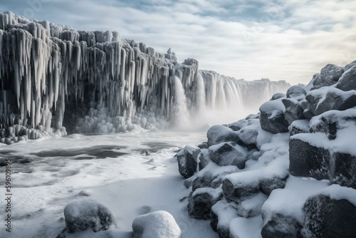 Frozen Selfoss waterfall in winter, preceding the famous Dettifoss in Iceland. Generative AI photo