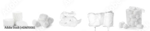 Collage of cotton pads with balls on white background