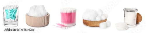 Set of cotton pads with balls and swabs on white background