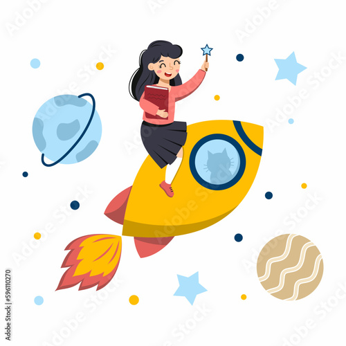Cute girl on rocket is flying into space. Child with book. Planets and stars.