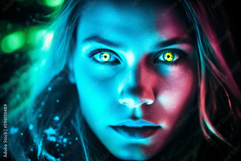 a woman with extremely green glowing eyes created with Generative AI technology
