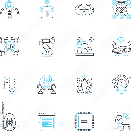 Robotics industry linear icons set. Automation, AI, Sensors, Servos, Grippers, Robots, Mechatronics line vector and concept signs. End effectors,Actuators,Vision outline illustrations Generative AI