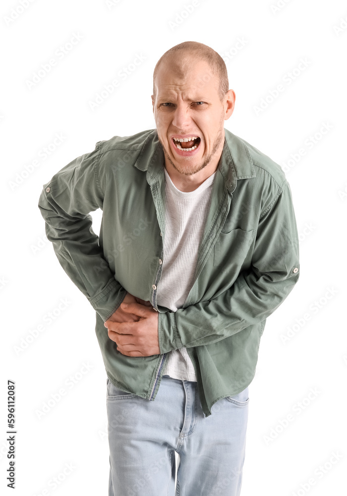 Young man with appendicitis on white background Young man with appendicitis on white background