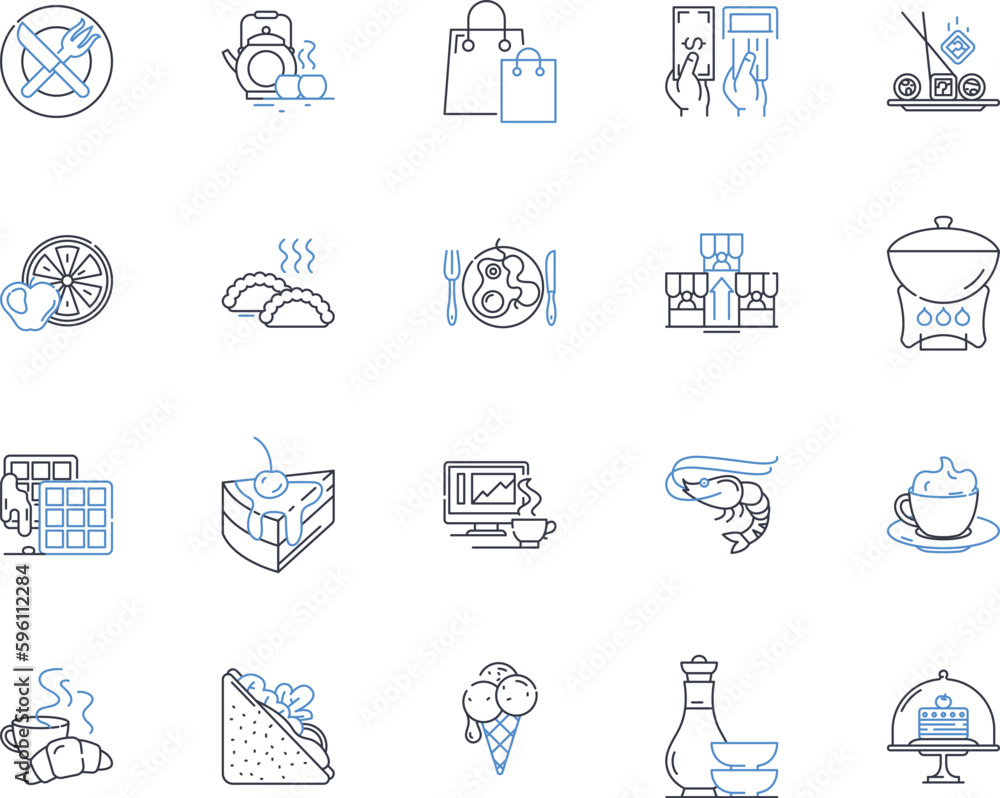 Cafeteria line icons collection. Food, Lunch, Snacks, Coffee, Breakfast, Sandwiches, Salad vector and linear illustration. Fruit,Beverages,Catering outline signs set